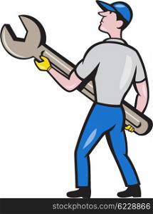 Illustration of a mechanic carrying giant spanner looking up to the side viewed from rear set on isolated white background done in cartoon style.