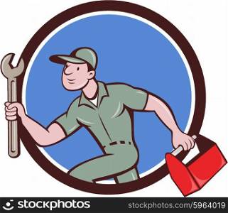 Illustration of a mechanic carrying spanner wrench and toolbox running viewed from the side set inside circle on isolated background done in cartoon style.. Mechanic Spanner Toolbox Running Circle Cartoon