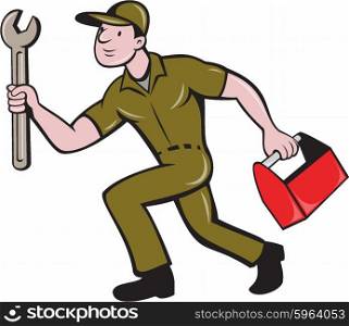 Illustration of a mechanic carrying spanner wrench and toolbox running viewed from the side set on isolated white background done in cartoon style.. Mechanic Spanner Toolbox Running Isolated Cartoon