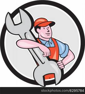 Illustration of a mechanic carrying spanner wrench set inside cirlce on isolated white background done in cartoon style.. Mechanic Carry Spanner Wrench Circle Cartoon