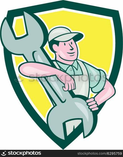 Illustration of a mechanic carrying spanner wrench set inside shield crest on isolated background done in cartoon style.. Mechanic Caryy Spanner Wrench Shield Cartoon