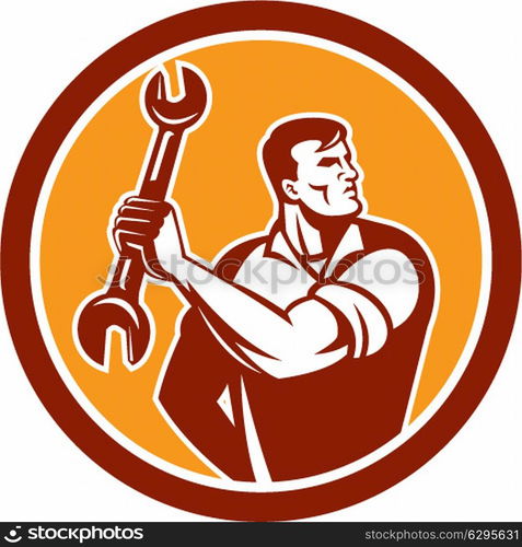 Illustration of a mechanic clinching holding spanner wrench looking to the side set inside circle on isolated background done in retro style. . Mechanic Clinching Spanner Wrench Circle Retro