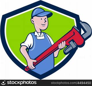 Illustration of a mechanic cradling holding giant pipe wrench looking to the side viewed from front set inside shield crest on isolated background done in cartoon style. . Mechanic Cradling Pipe Wrench Crest Cartoon
