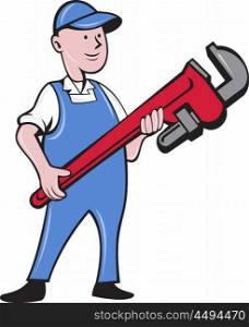 Illustration of a mechanic cradling holding giant pipe wrench standing looking to the side viewed from front set on isolated white background done in cartoon style. . Mechanic Cradling Pipe Wrench Cartoon