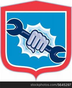 Illustration of a mechanic hand holding spanner wrench punching bursting out of circle shape viewed from front set inside shield crest on isolated background done in retro style.. Mechanic Hand Holding Spanner Shield Punching