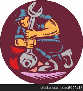Illustration of a mechanic holding giant wrench unscrewing set inside circle on isolated background done in retro woodcut style. . Mechanic Wrench Unscrewing Circle Woodcut