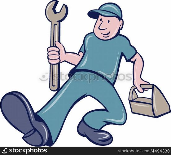 Illustration of a mechanic holding spanner and toolbox putting foot forward viewed from front set on isolated white background done in cartoon style. . Mechanic Spanner Foot Forward Cartoon