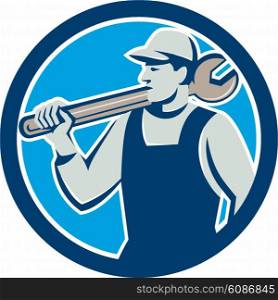 Illustration of a mechanic holding spanner on shoulder looking to the side set inside circle on isolated background done in retro style. . Mechanic Worker Holding Spanner Circle Retro