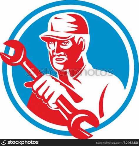 Illustration of a mechanic holding spanner wrench facing front set inside circle on isolated background done in retro style. . Mechanic Holding Spanner Wrench Circle Retro
