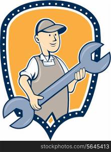 Illustration of a mechanic holding spanner wrench facing front set inside shield crest on isolated background done in cartoon style.. Mechanic Spanner Wrench Shield Cartoon