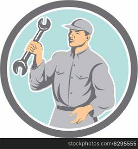 Illustration of a mechanic holding spanner wrench looking to the side set inside circle on isolated background done in retro style. . Mechanic Holding Spanner Wrench Circle Retro