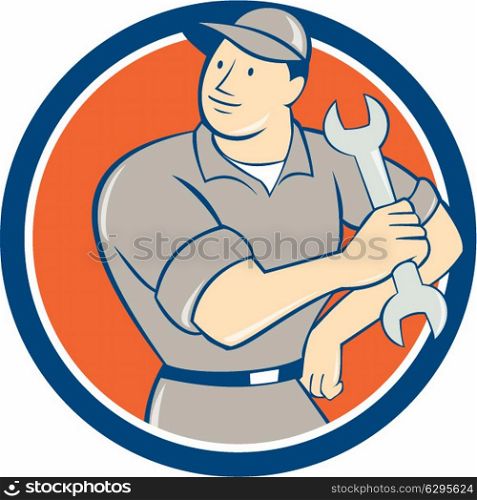 Illustration of a mechanic holding spanner wrench looking to the side with hand on hip set inside circle on isolated background done in cartoon style.. Mechanic Hold Spanner Wrench Circle Cartoon