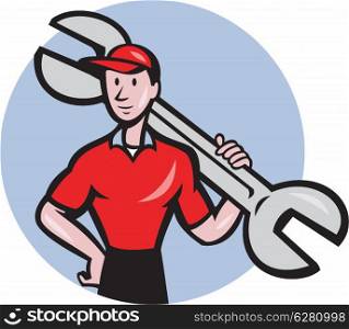 Illustration of a mechanic holding spanner wrench on shoulder facing front set inside a circle on isolated background done in cartoon style.. Mechanic Hold Spanner On Shoulder Circle Cartoon