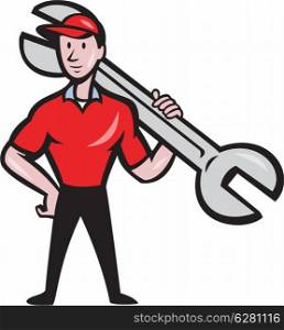 Illustration of a mechanic holding spanner wrench over shoulder facing front on isolated white background done in cartoon style.. Mechanic Hold Spanner On Shoulder Cartoon
