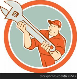 Illustration of a mechanic holding spanner wrench presenting set inside circle on isolated background done in cartoon style.. Mechanic Presenting Spanner Wrench Circle Cartoon