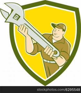 Illustration of a mechanic holding spanner wrench presenting set inside shield crest on isolated background done in cartoon style.. Mechanic Presenting Spanner Wrench Shield Cartoon