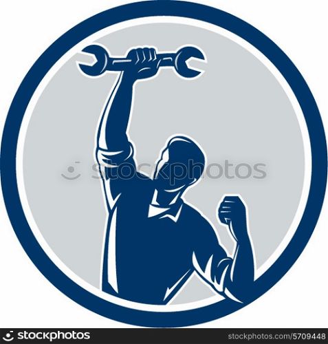 Illustration of a mechanic holding spanner wrench pumping fist set inside circle on isolated background done in retro style.. Mechanic Spanner Wrench Fist Pump Circle