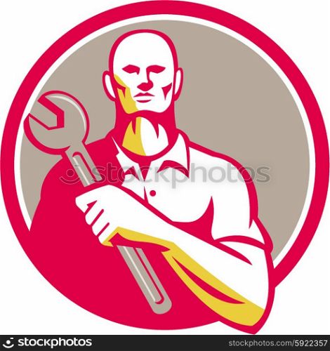Illustration of a mechanic holding wrench facing front set inside circle on isolated background done in retro style. . Mechanic Holding Wrench Circle Retro