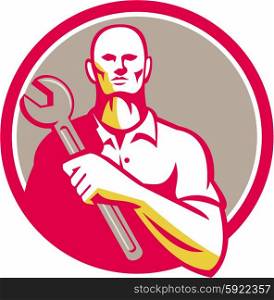 Illustration of a mechanic holding wrench facing front set inside circle on isolated background done in retro style. . Mechanic Holding Wrench Circle Retro
