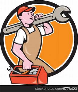 Illustration of a mechanic in overalls and hat holding spanner wrench on shoulder and carrying toolbox facing side set inside circle on isolated background done in cartoon style.. Mechanic Carrying Spanner Toolbox Circle Cartoon