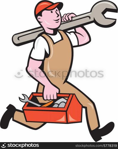 Illustration of a mechanic in overalls and hat running holding spanner wrench on shoulder and carrying toolbox facing side set on isolated white background done in cartoon style.. Mechanic Carrying Spanner Toolbox Running Isolated