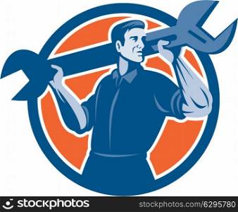 Illustration of a mechanic lifting giant spanner wrench viewed from front set inside circle on isolated background done in retro style. . Mechanic Lifting Spanner Wrench Circle Retro