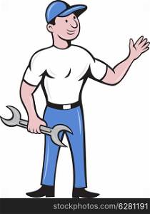 illustration of a mechanic repairman holding a spanner waving hand standing front done in cartoon style on isolated white background. mechanic repairman spanner waving hand