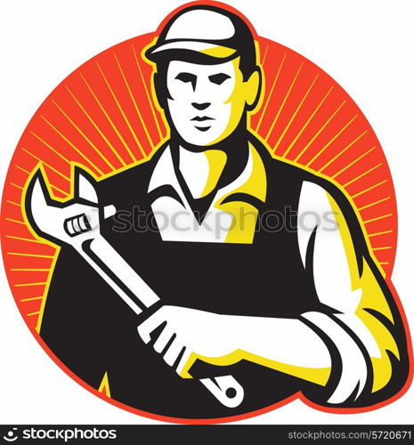 Illustration of a mechanic repairman worker tradesman holding an adjustable wrench spanner set inside circle done in retro style.