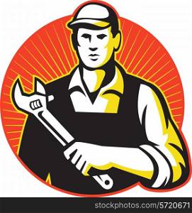 Illustration of a mechanic repairman worker tradesman holding an adjustable wrench spanner set inside circle done in retro style.