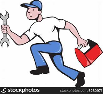 illustration of a mechanic repairman worker with spanner and toolbox running viewed from side done in cartoon style on isolated background. mechanic repairman with spanner running