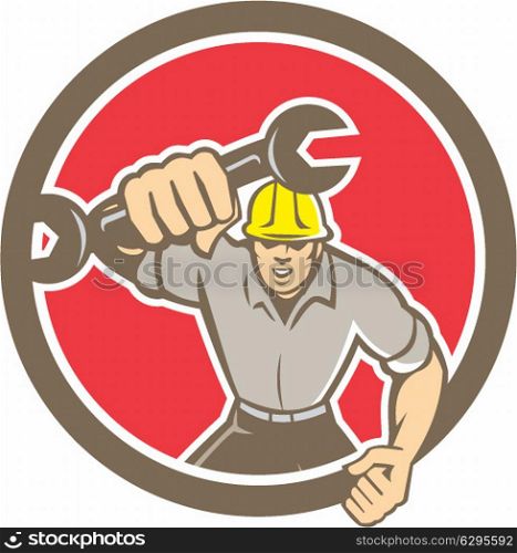 Illustration of a mechanic running holding spanner wrench pumping fist set inside circle on isolated background done in retro style.