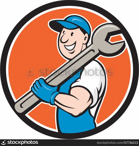 Illustration of a mechanic smiling holding spanner wrench on shoulder set inside circle on isolated background done in cartoon style.. Mechanic Smiling Spanner Standing Circle Cartoon