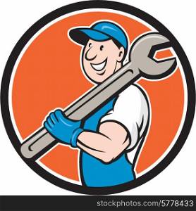 Illustration of a mechanic smiling holding spanner wrench on shoulder set inside circle on isolated background done in cartoon style.. Mechanic Smiling Spanner Standing Circle Cartoon