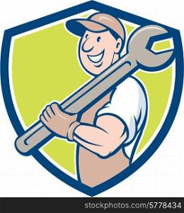 Illustration of a mechanic smiling holding spanner wrench on shoulder set inside shield crest on isolated background done in cartoon style.. Mechanic Smiling Spanner Standing Crest Cartoon