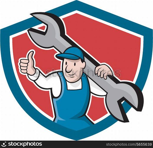 Illustration of a mechanic thumbs up holding spanner wrench on shoulder set inside shield crest on isolated background done in cartoon style.. Mechanic Thumbs Up Spanner Shield Cartoon