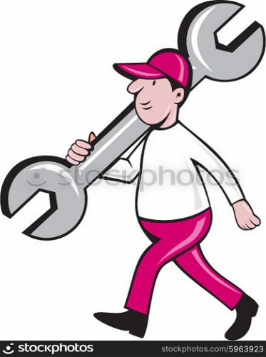 Illustration of a mechanic wearing hat holding monkey wrench spanner on shoulder walking viewed from the side set on isolated white background done in cartoon style. . Mechanic Monkey Wrench Walking Cartoon