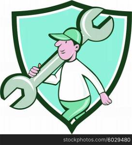 Illustration of a mechanic wearing hat holding monkey wrench spanner on shoulder walking viewed from the side set inside shield crest on isolated background done in cartoon style. . Mechanic Monkey Wrench Walking Crest Cartoon