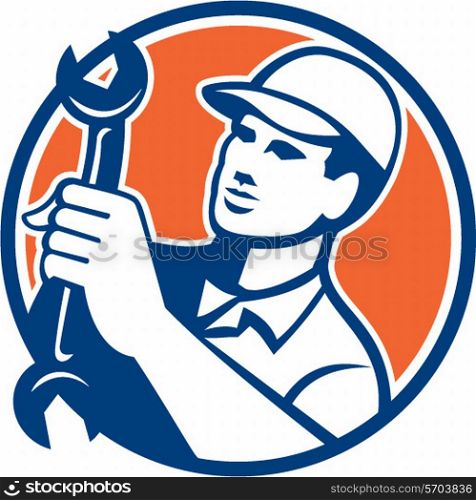 Illustration of a mechanic wearing hat holding spanner wrench looking to the side set inside circle on isolated background done in retro style.. Mechanic Holding Spanner Wrench Circle Retro