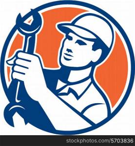 Illustration of a mechanic wearing hat holding spanner wrench looking to the side set inside circle on isolated background done in retro style.. Mechanic Holding Spanner Wrench Circle Retro
