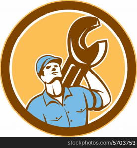 Illustration of a mechanic wearing hat holding spanner wrench on shoulder looking up set inside circle on isolated background done in retro style.. Mechanic Spanner Wrench Looking Up Retro