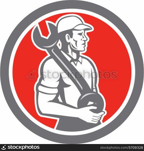 Illustration of a mechanic wearing hat holding spanner wrench on shoulder looking to the side set inside circle on isolated background done in retro style.. Mechanic Spanner Wrench Side Circle Retro