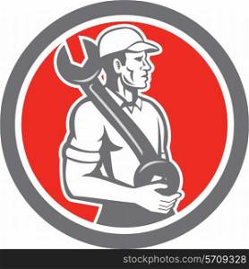 Illustration of a mechanic wearing hat holding spanner wrench on shoulder looking to the side set inside circle on isolated background done in retro style.. Mechanic Spanner Wrench Side Circle Retro
