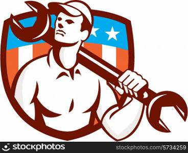 Illustration of a mechanic wearing hat holding spanner wrench on shoulder looking up to the side set inside shield crest with american usa stars and stripes flag in the background done in retro style.. Mechanic Spanner Wrench USA Flag Retro