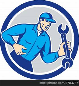 Illustration of a mechanic wearing hat shouting yelling holding spanner wrench looking to the side set inside circle on isolated background done in retro style.. Mechanic Shouting Holding Spanner Wrench Circle Retro