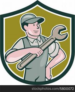 Illustration of a mechanic with hand on hips pointing spanner wrench looking to the side set inside shield crest on isolated background done in cartoon style.. Mechanic Pointing Spanner Wrench Shield Cartoon