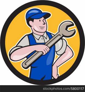 Illustration of a mechanic with hand on hips pointing spanner wrench looking to the side set inside circle on isolated background done in cartoon style.. Mechanic Pointing Spanner Wrench Circle Cartoon