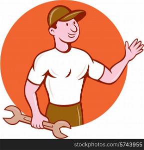 Illustration of a mechanic with spanner waving looking to the side set inside circle on isolated background done in cartoon style.. Mechanic Waving Circle Cartoon