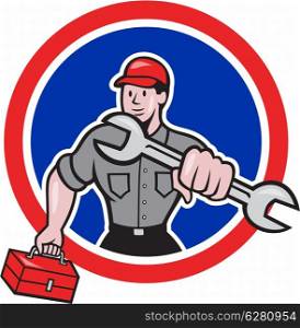 Illustration of a mechanic with spanner wrench carrying toolbox facing front set inside circle round shape on isolated background done in cartoon style.. Mechanic Holding Spanner Toolbox Circle