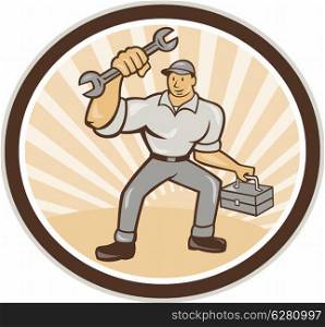 Illustration of a mechanic with spanner wrench carrying toolbox facing front set inside oval on isolated background done in cartoon style.