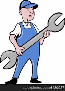 illustration of a mechanic with spanner wrench standing front view isolated on white background done in cartoon style. mechanic with spanner wrench standing